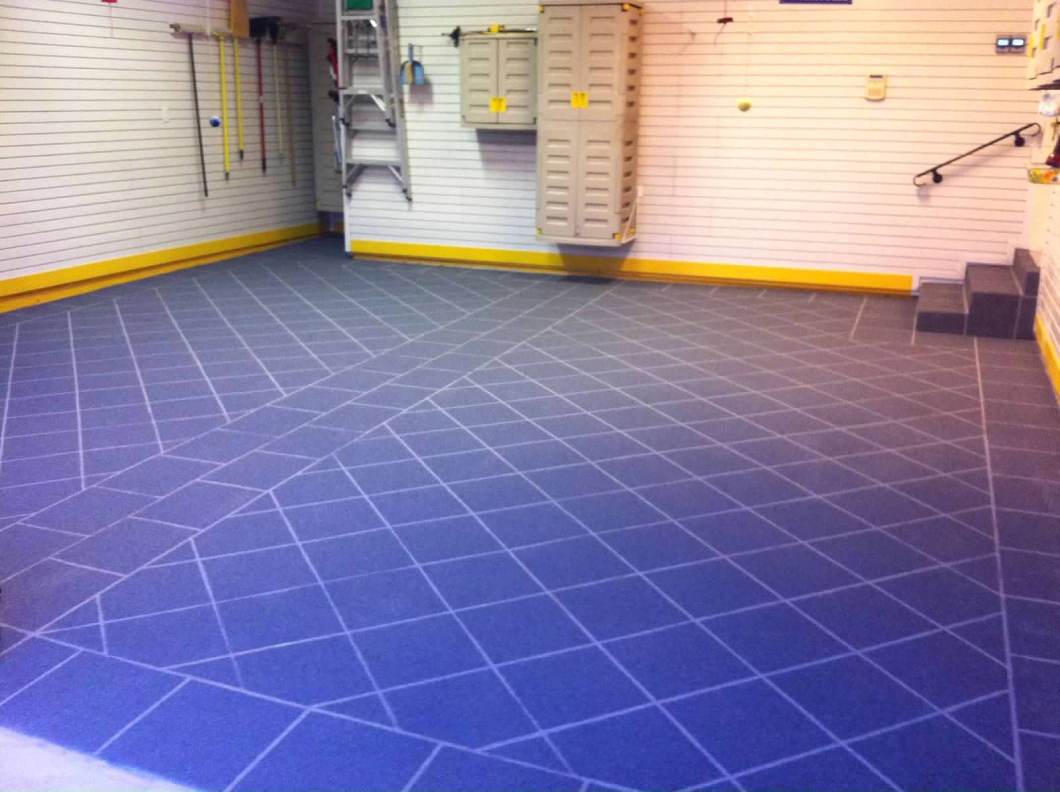 Coated blue floor with a ladder and brooms in the back